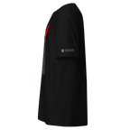 Black t-shirt with red sleeve design and Persian heritage text honoring heroes