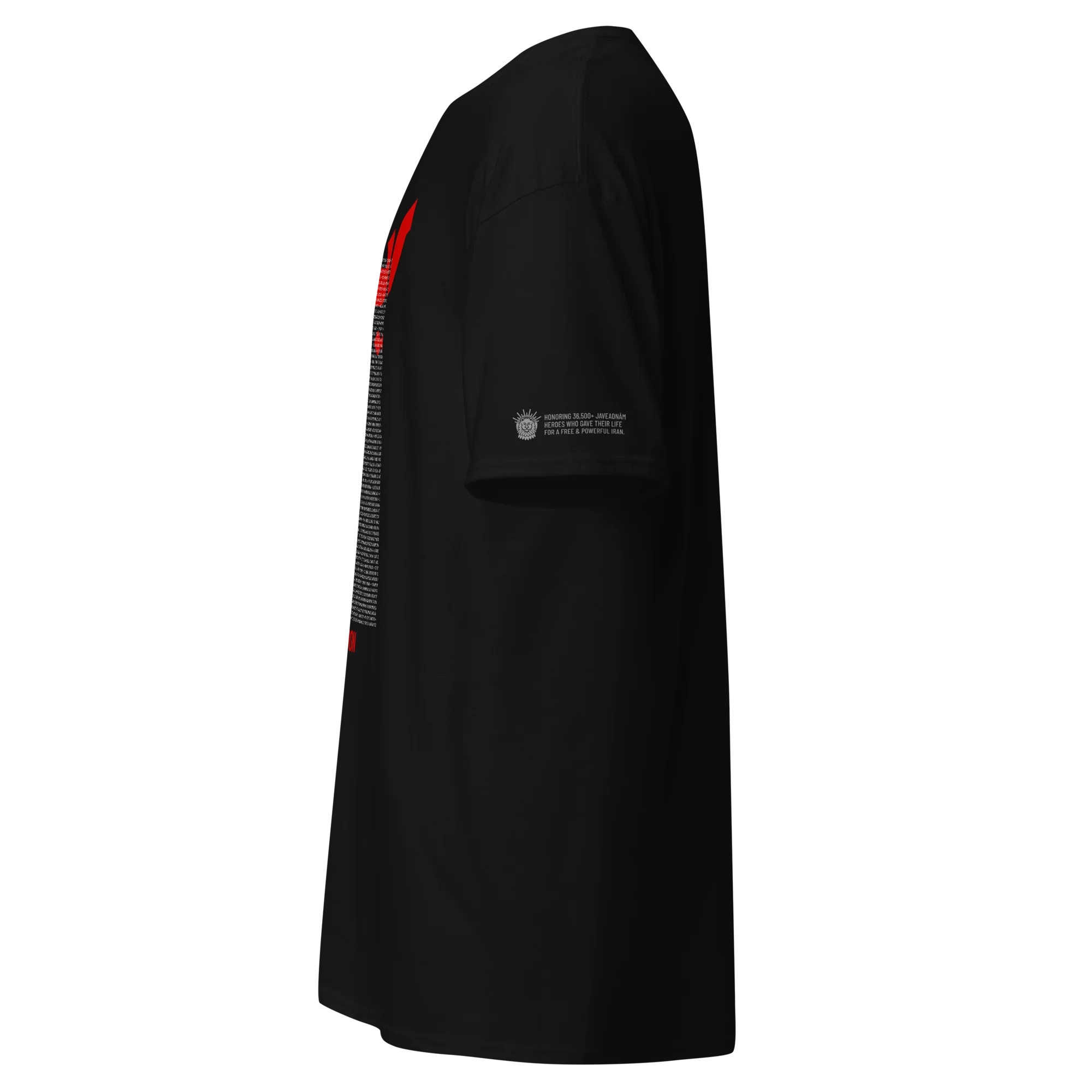 Black t-shirt with red sleeve design and Persian heritage text honoring heroes