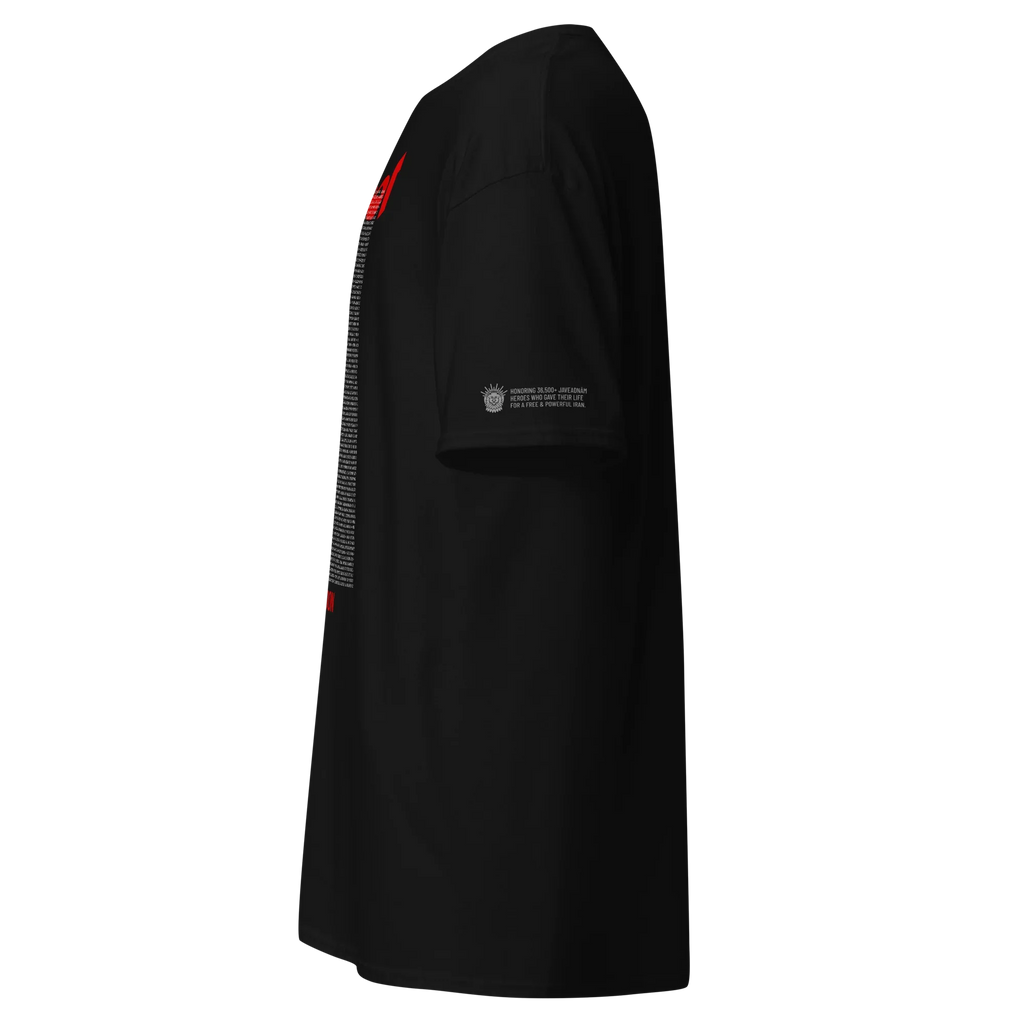 Black t-shirt with red sleeve design and Persian heritage text honoring heroes
