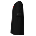Black t-shirt with red sleeve design and Persian heritage text honoring heroes