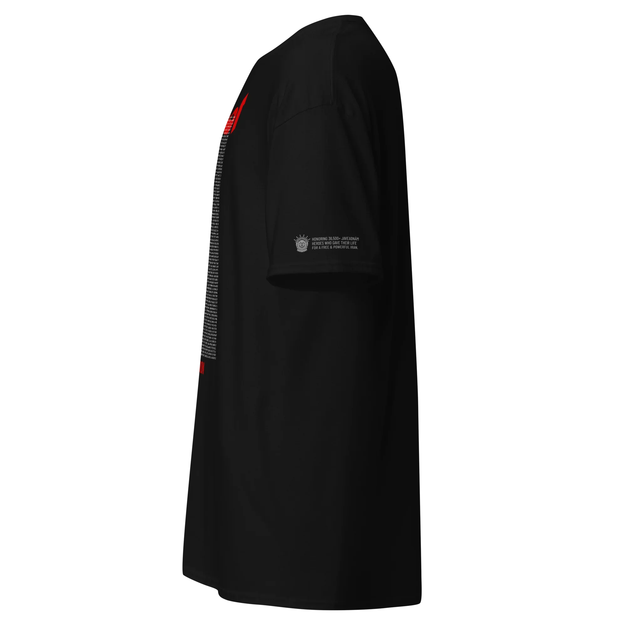Black t-shirt with red sleeve design and Persian heritage text honoring heroes