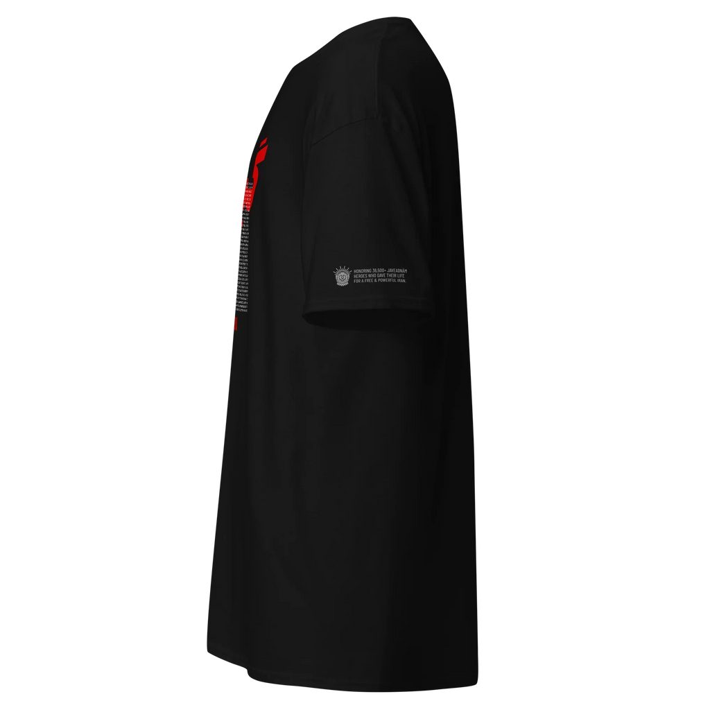 Black streetwear tee with red sleeve graphic and Persian lion emblem honoring heroes for a free Iran