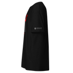 Black streetwear tee with red sleeve graphic and Persian lion emblem honoring heroes for a free Iran