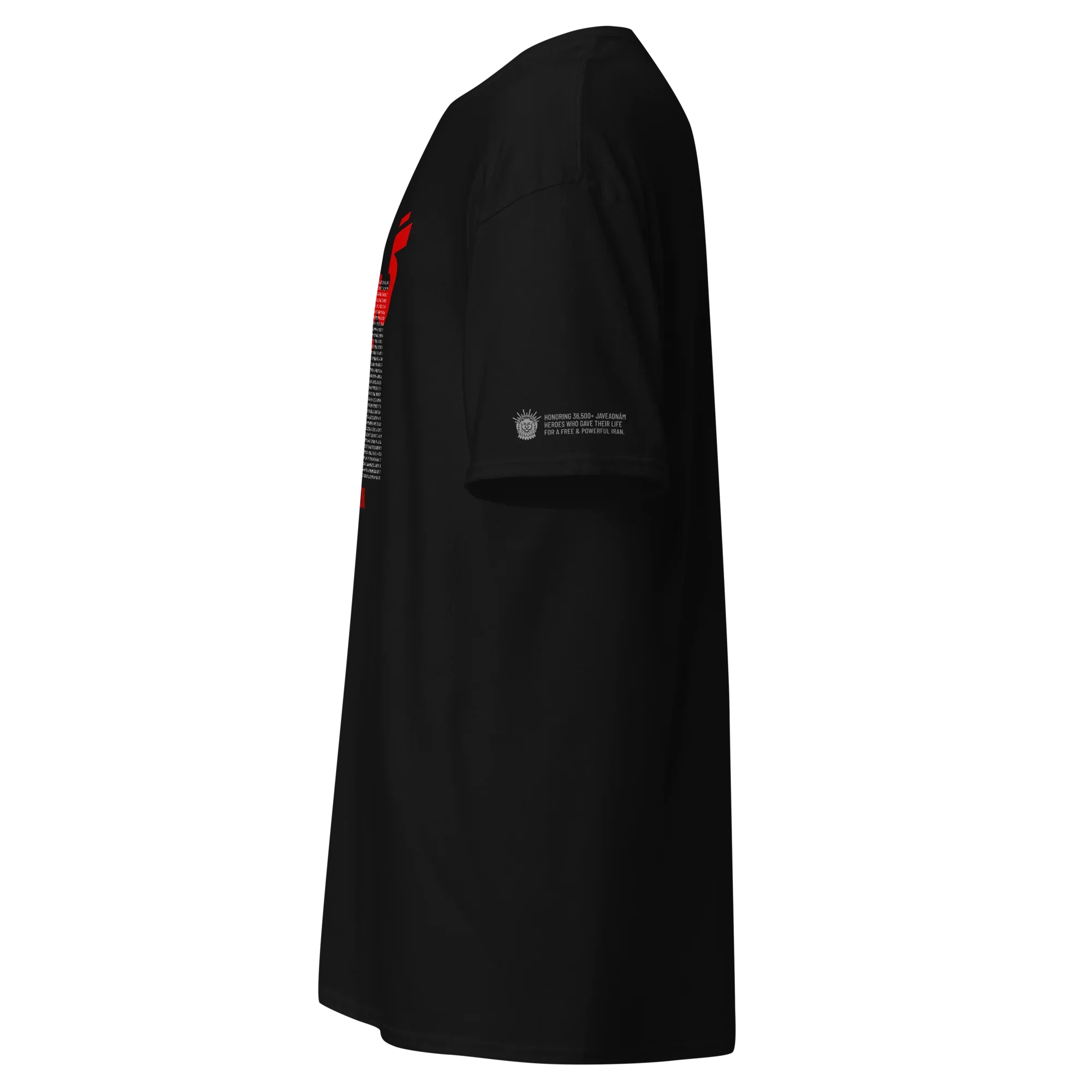 Black streetwear tee with red sleeve graphic and Persian lion emblem honoring heroes for a free Iran