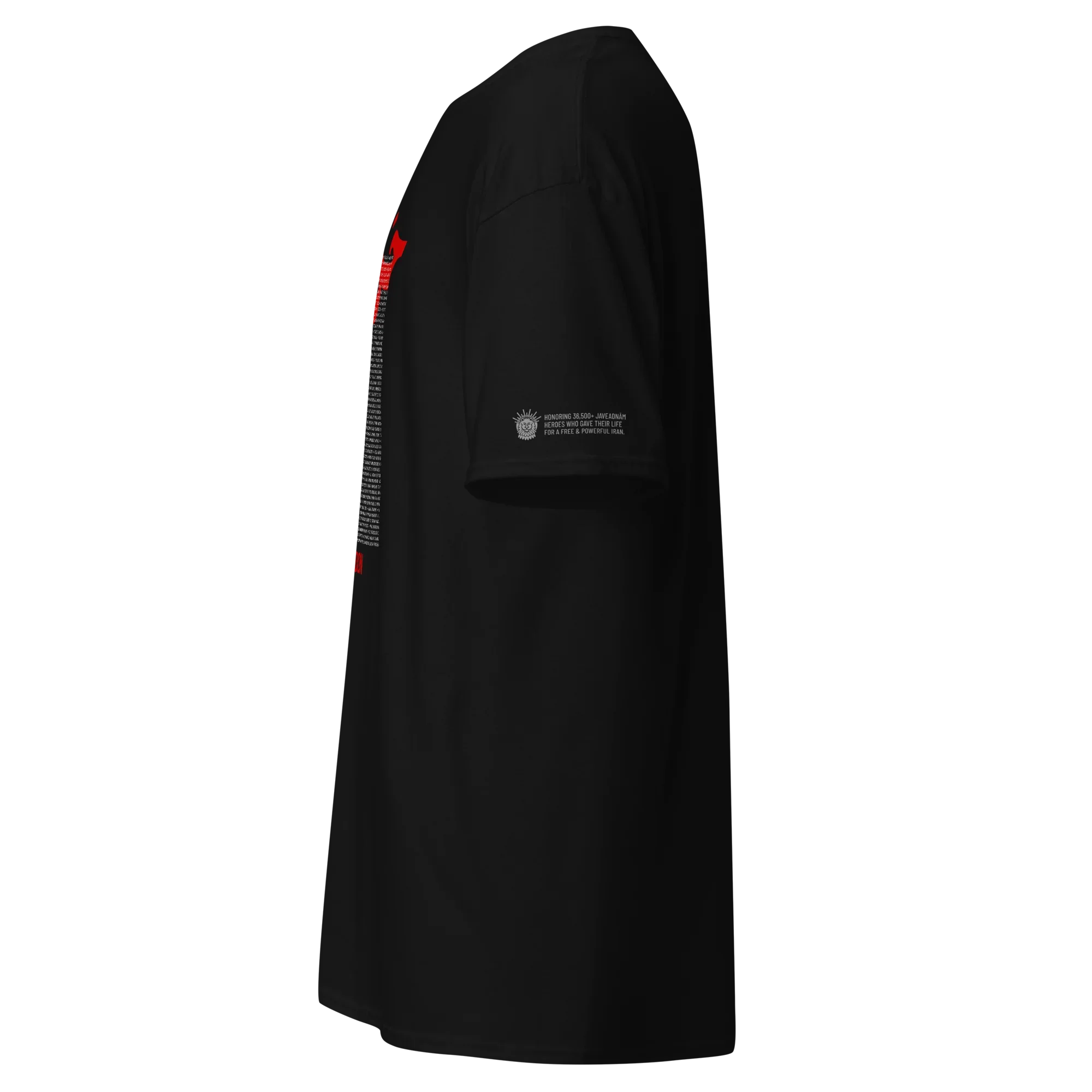 Black t-shirt with red and white text honoring Persian heroes, featuring Lion & Sun emblem.