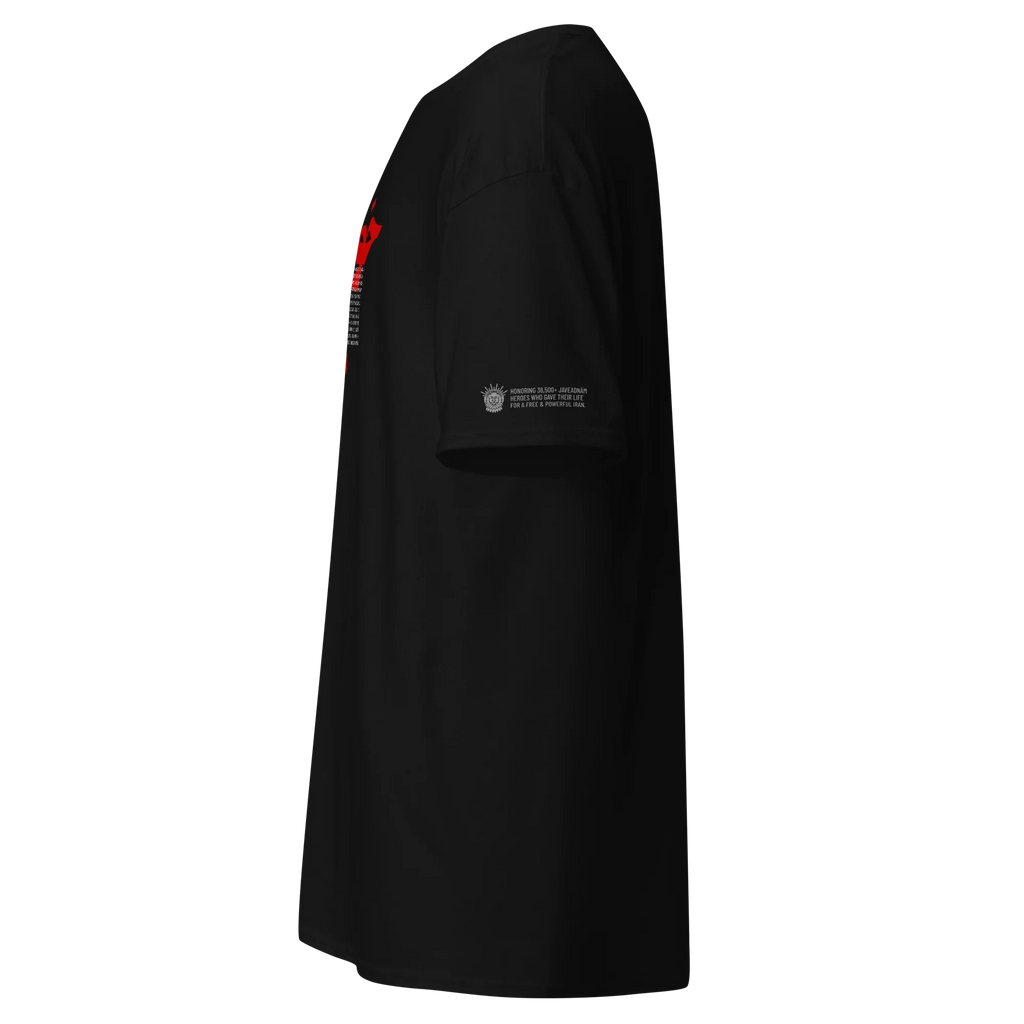 Black streetwear tee with red graphic and tribute text honoring Persian heroes, featuring Lion & Sun emblem.