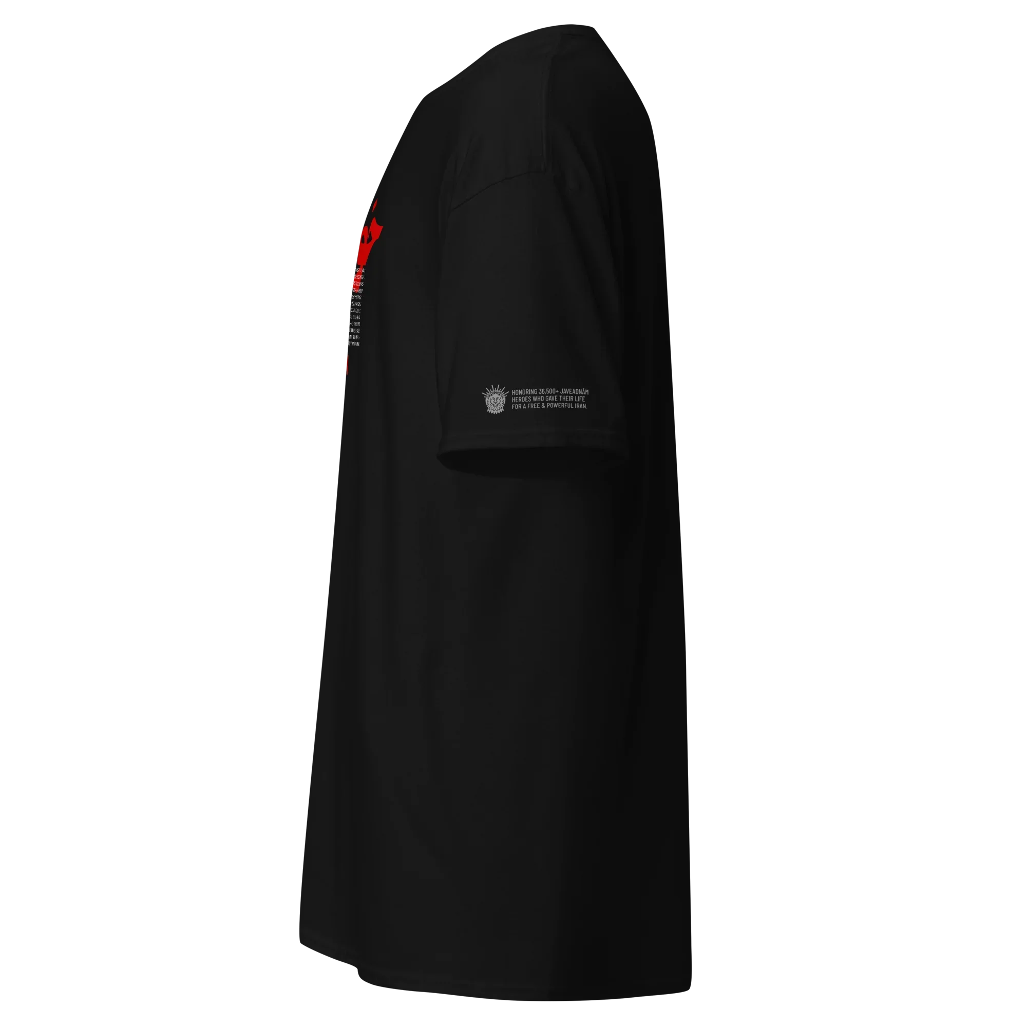 Black streetwear tee with red graphic and tribute text honoring Persian heroes, featuring Lion & Sun emblem.