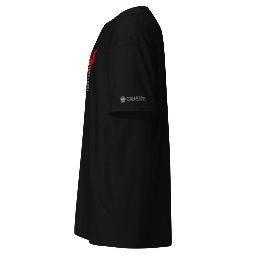 Black streetwear tee with red sleeve graphic and lion emblem honoring Persian heroes for freedom