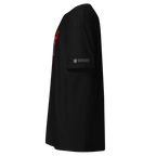 Black streetwear tee with red sleeve graphic and lion emblem honoring Persian heroes for freedom