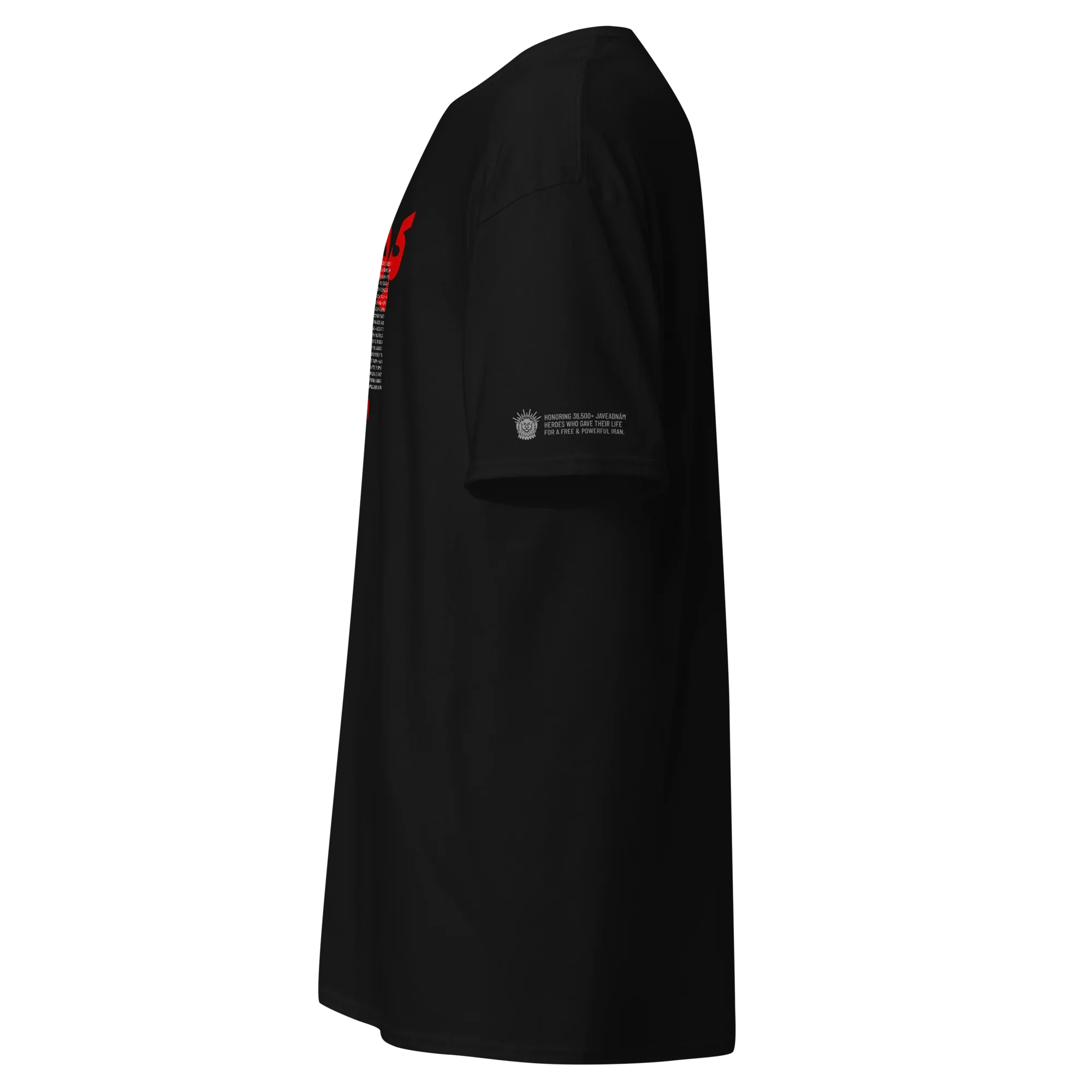 Black streetwear tee with red sleeve graphic and lion emblem honoring Persian heroes for freedom