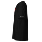 Black streetwear tee with Persian lion emblem, honoring Javeadnām heroes for a free Iran, red sleeve graphic.