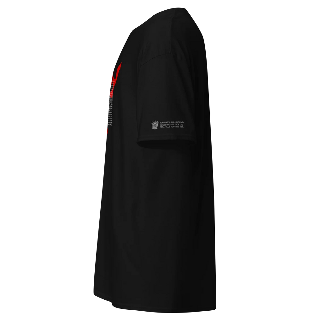 Black streetwear tee with red sleeve graphic and lion emblem honoring Persian heroes for a free Iran.