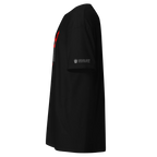 Black streetwear tee with red sleeve graphic and lion emblem honoring Persian heroes for a free Iran.