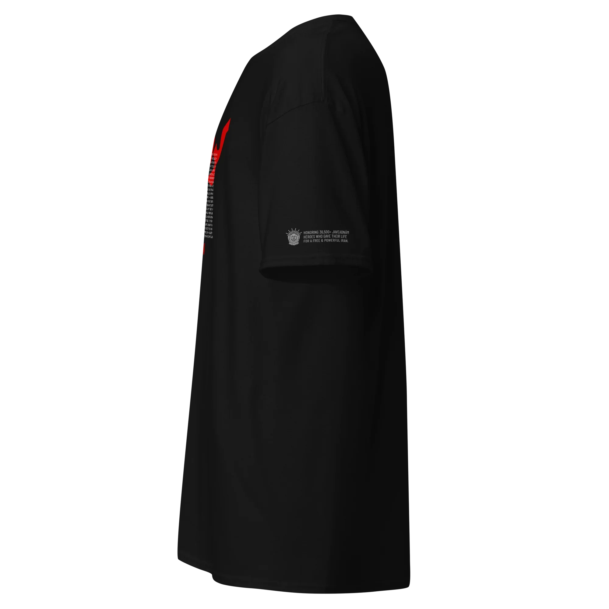 Black streetwear tee with red sleeve graphic and lion emblem honoring Persian heroes for a free Iran.