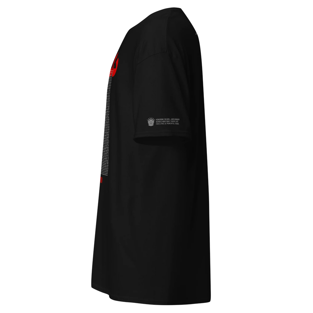 Black t-shirt with red sleeve design and tribute text honoring Persian heroes, inspired by Lion & Sun heritage.