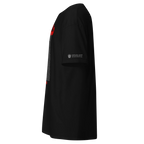 Black t-shirt with red sleeve design and tribute text honoring Persian heroes, inspired by Lion & Sun heritage.