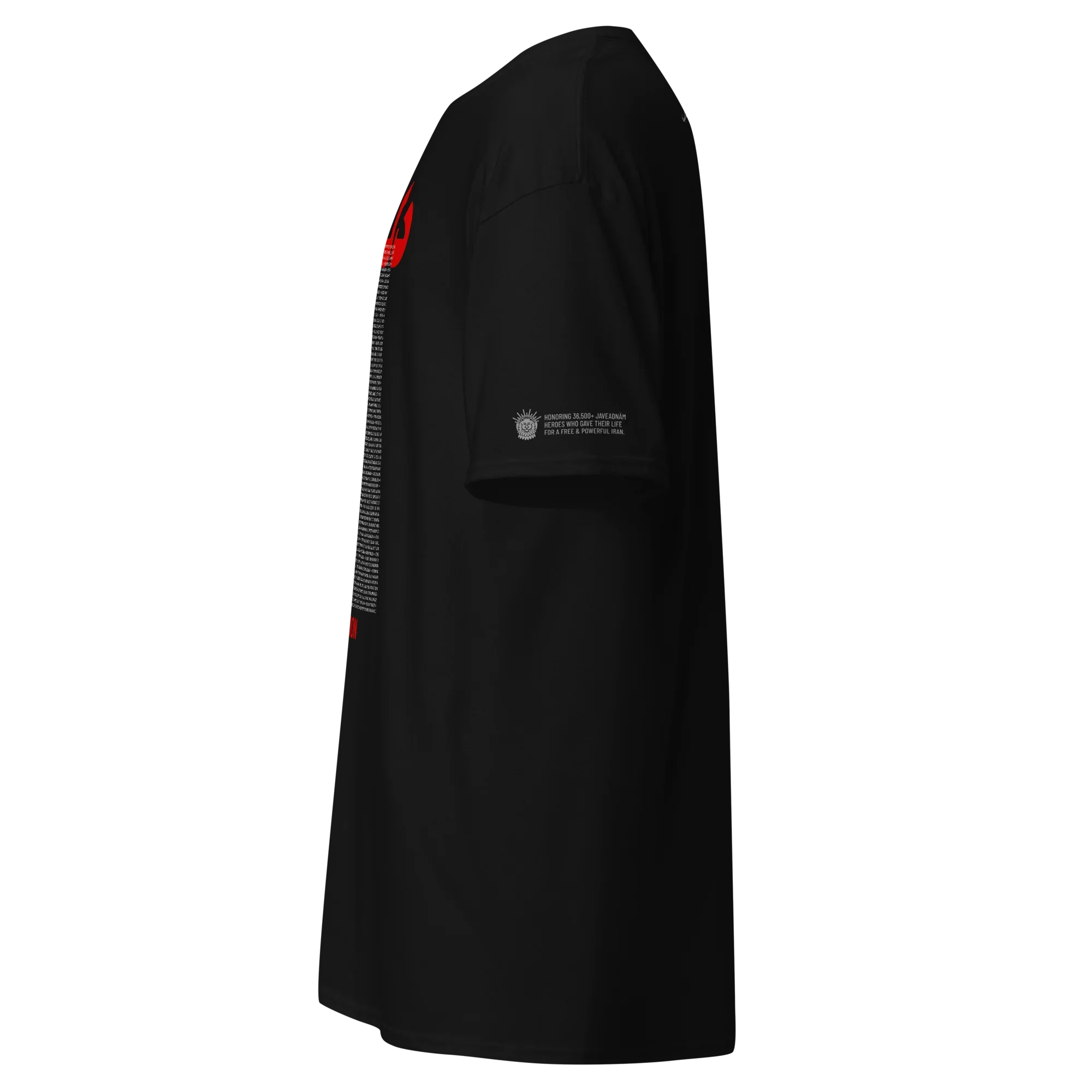 Black t-shirt with red sleeve design and tribute text honoring Persian heroes, inspired by Lion & Sun heritage.