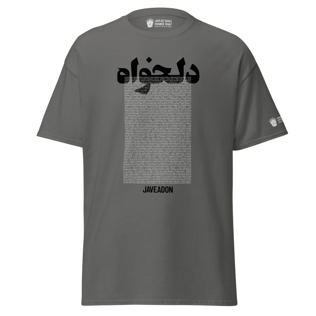 Gray t-shirt with Persian text and 'JAVEADON' branding, inspired by Persian heritage and modern streetwear design.