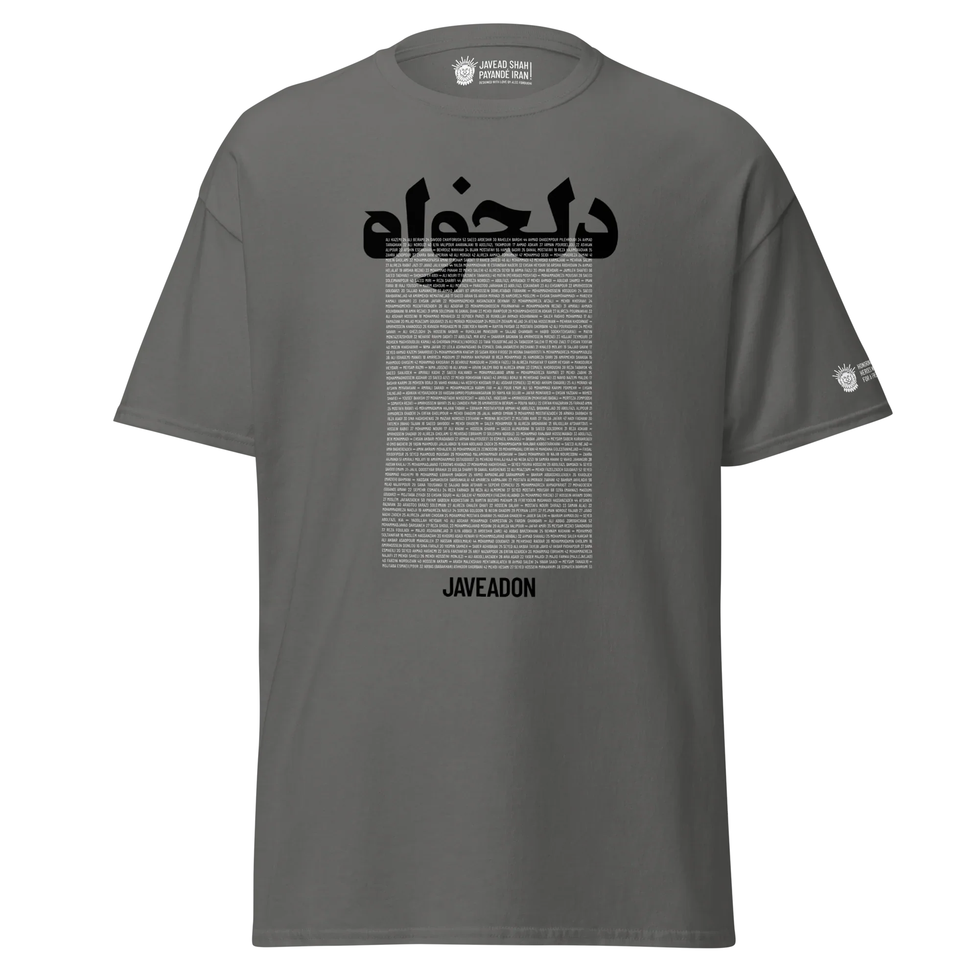 Gray t-shirt with Persian text and 'JAVEADON' branding, inspired by Persian heritage and modern streetwear design.