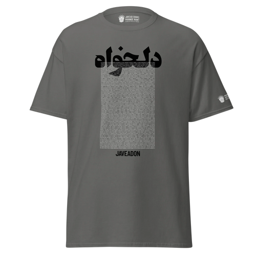 Gray t-shirt with Persian text and 'JAVEADON' branding, inspired by Persian heritage and modern streetwear design.