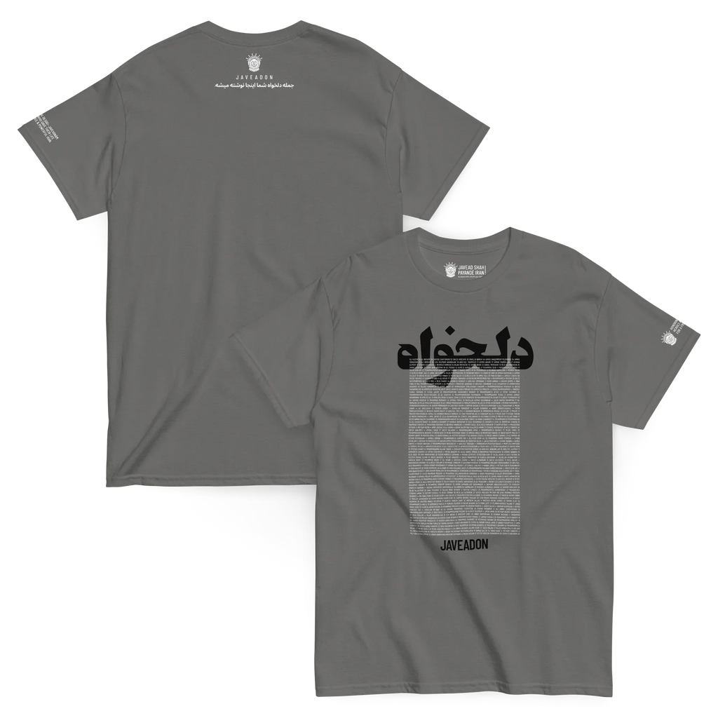 Gray Persian-inspired streetwear t-shirt with bold text and cultural symbols, reflecting heritage and modern design.