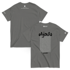 Gray Persian-inspired streetwear t-shirt with bold text and cultural symbols, reflecting heritage and modern design.