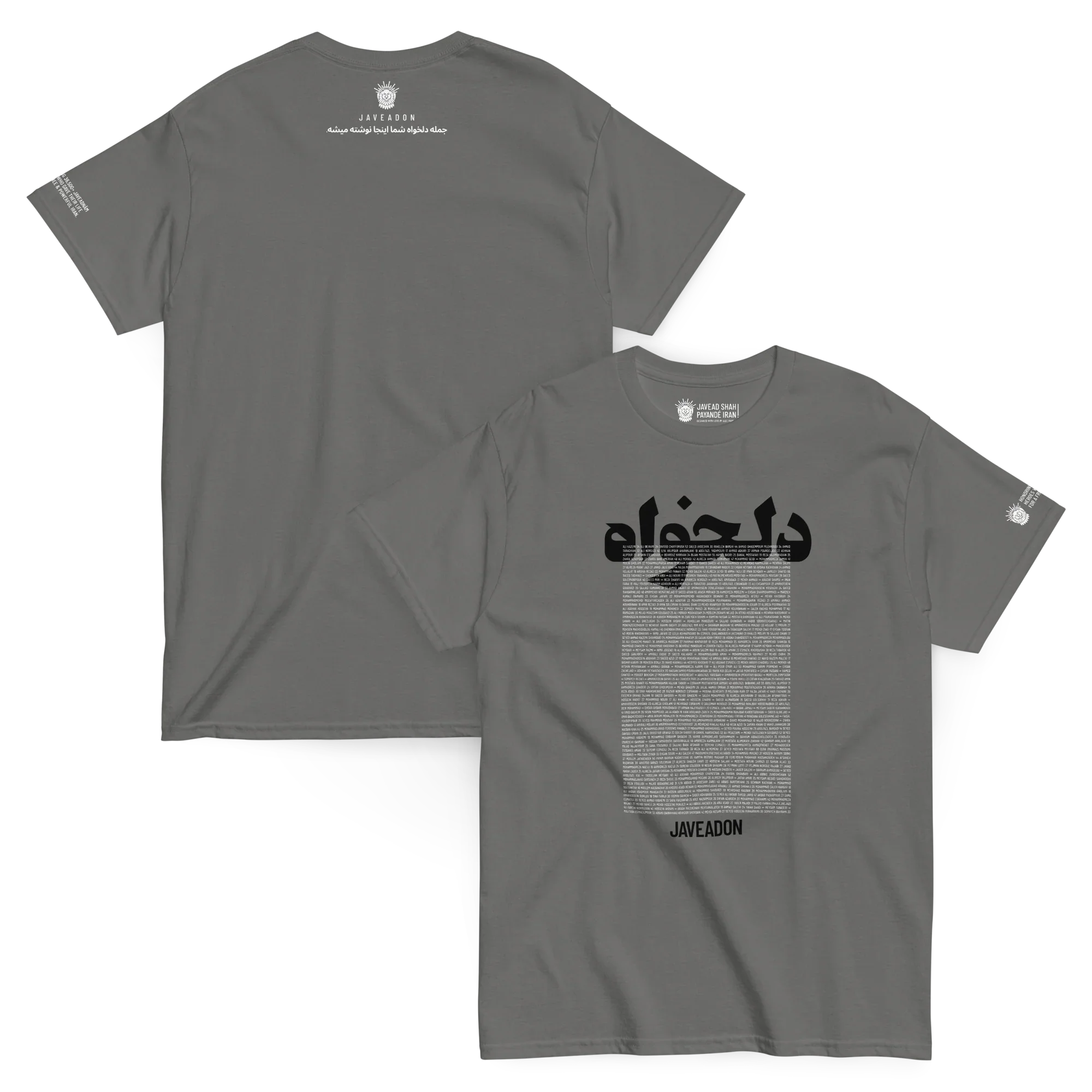 Gray Persian-inspired streetwear t-shirt with bold text and cultural symbols, reflecting heritage and modern design.