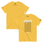 Yellow t-shirt with Persian text and Lion & Sun emblem, modern streetwear design inspired by Persian heritage.