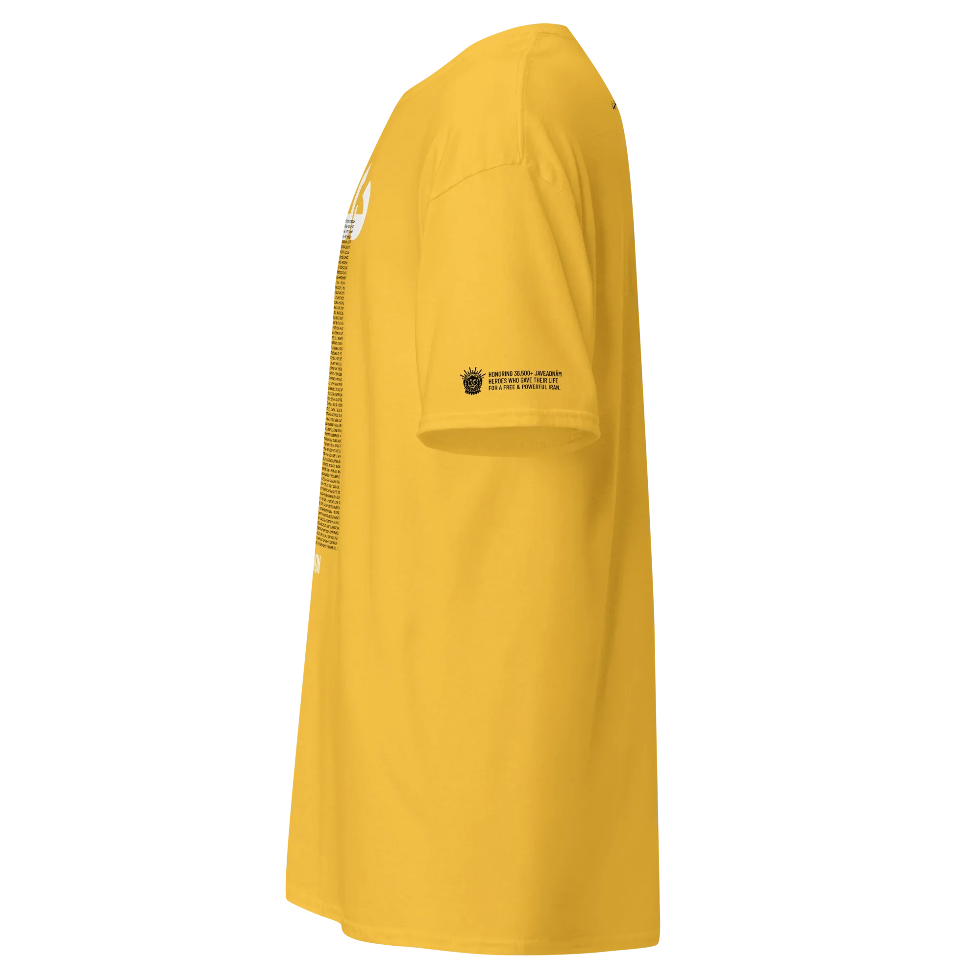 Yellow t-shirt honoring 39,500+ heroes with Persian heritage design and text on sleeve