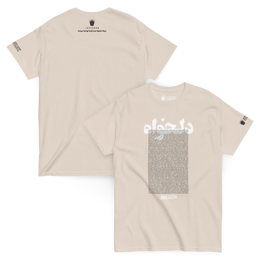 Beige Persian heritage t-shirt with Lion & Sun logo and Farsi text, modern streetwear design