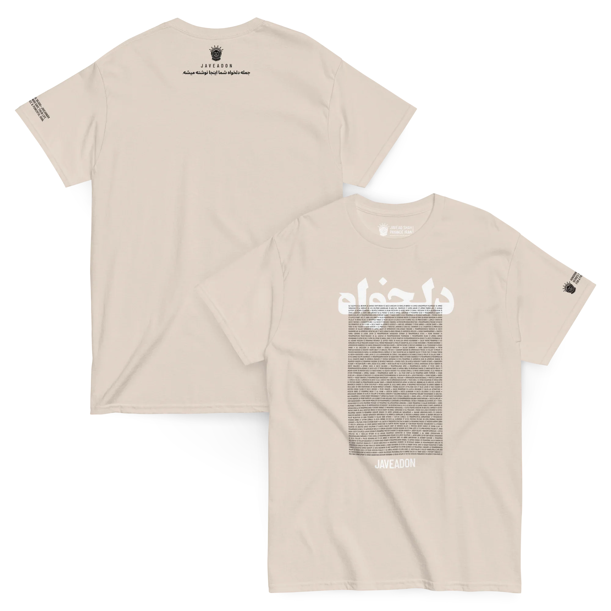 Beige Persian heritage t-shirt with Lion & Sun logo and Farsi text, modern streetwear design