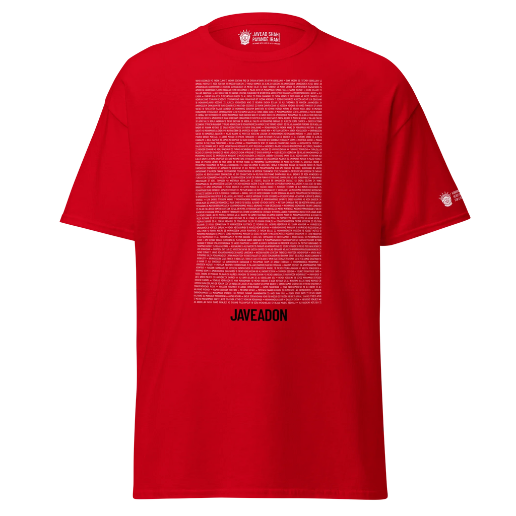 Red Persian-inspired streetwear t-shirt with bold text and cultural motifs, embodying heritage and modern design.