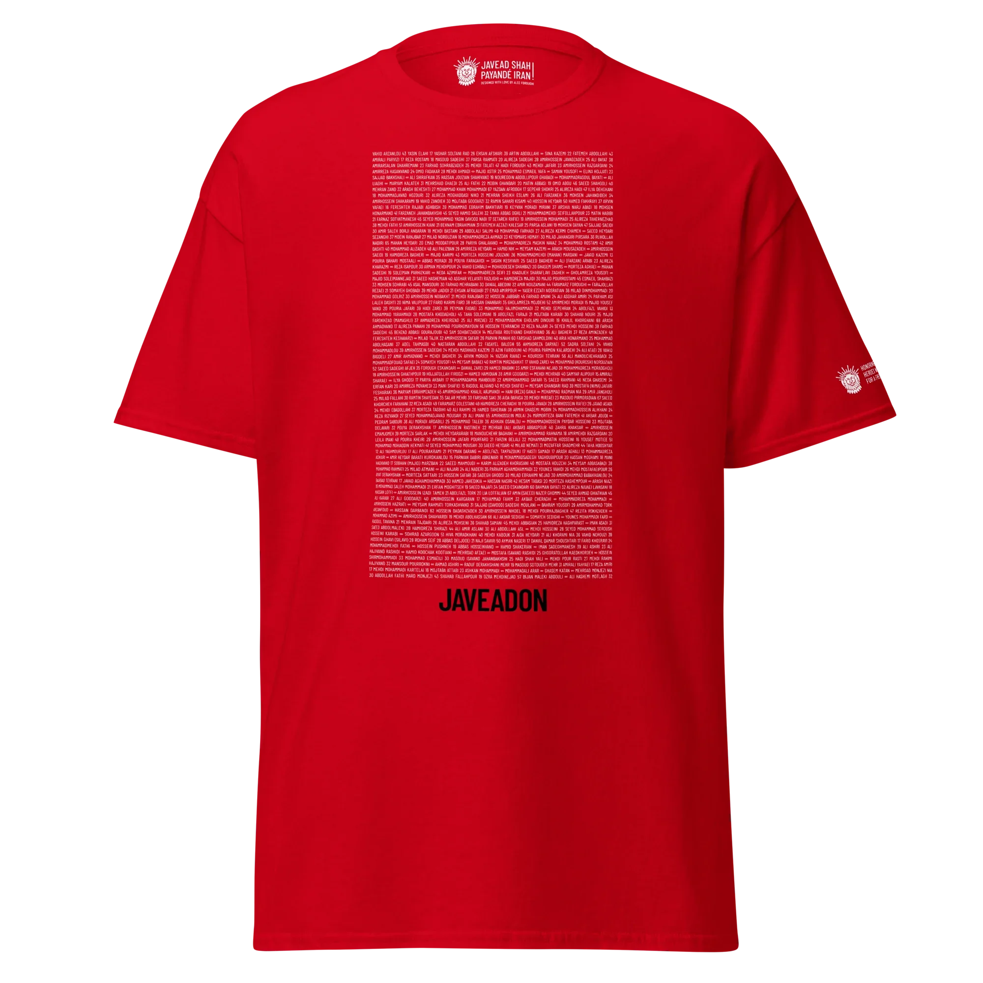 Red Persian-inspired streetwear t-shirt with bold text and cultural motifs, embodying heritage and modern design.