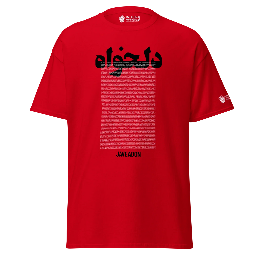 Red Persian-inspired streetwear t-shirt with bold text and Lion & Sun emblem, celebrating heritage and freedom.