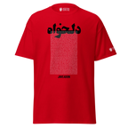 Red Persian-inspired streetwear t-shirt with bold text and Lion & Sun emblem, celebrating heritage and freedom.