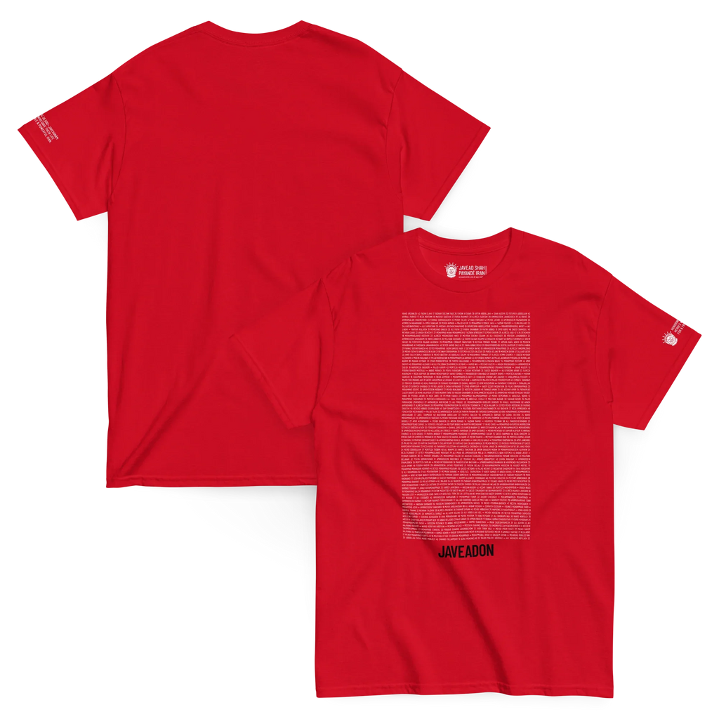 Red Persian-inspired streetwear t-shirt with bold text and Lion & Sun emblem, celebrating heritage and freedom.