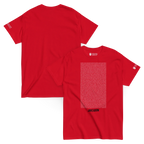 Red Persian-inspired streetwear t-shirt with bold text and Lion & Sun emblem, celebrating heritage and freedom.