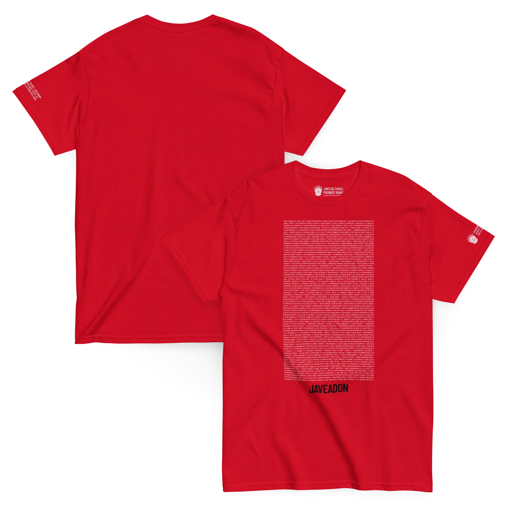 Red Persian-inspired streetwear t-shirt with bold text and Lion & Sun emblem, celebrating heritage and freedom.