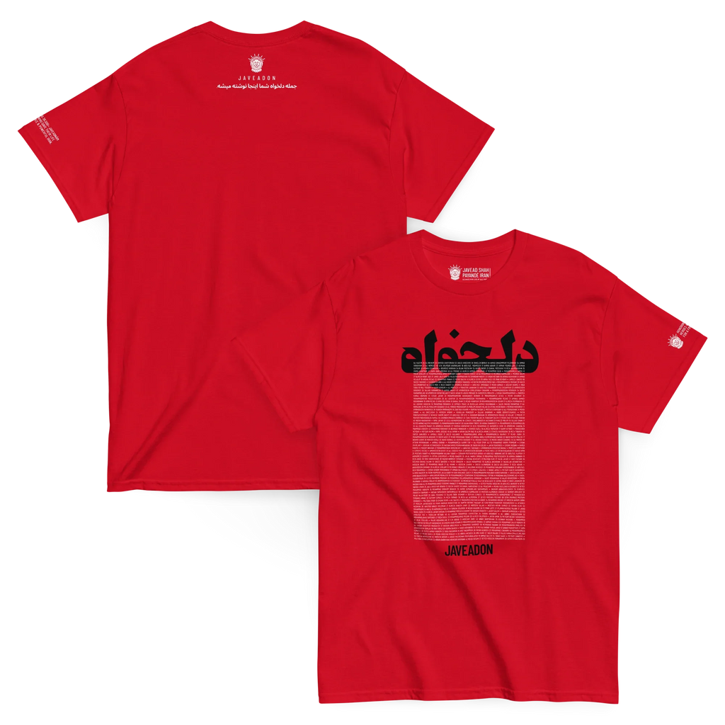 Red Persian heritage t-shirt with Lion & Sun emblem and Farsi text, modern streetwear design