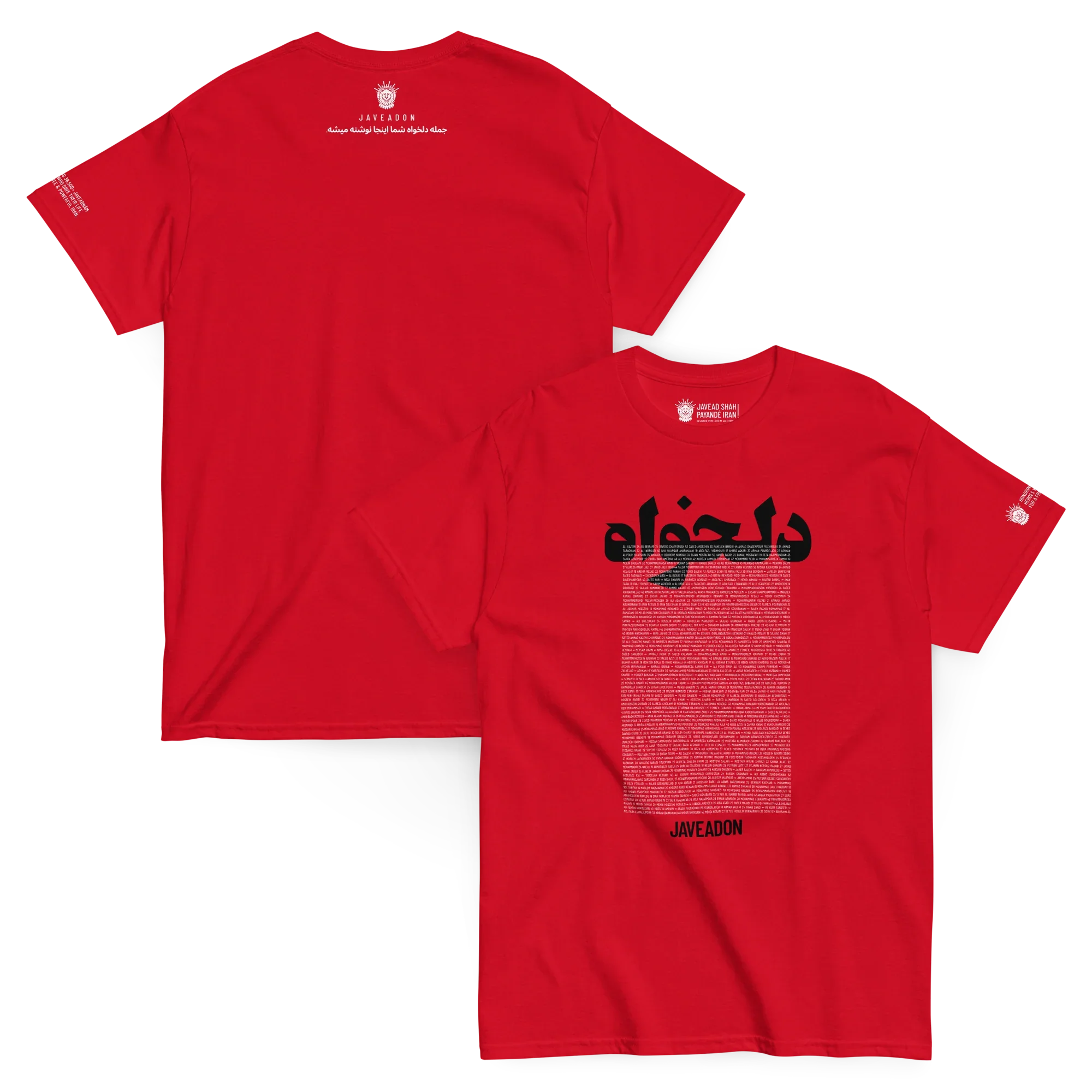 Red Persian heritage t-shirt with Lion & Sun emblem and Farsi text, modern streetwear design