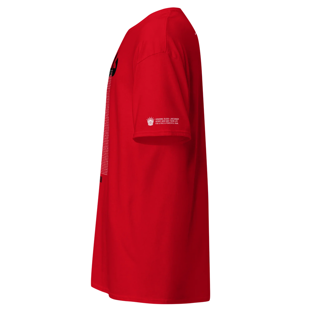 Red t-shirt with Persian heritage design, honoring heroes for freedom and resilience.