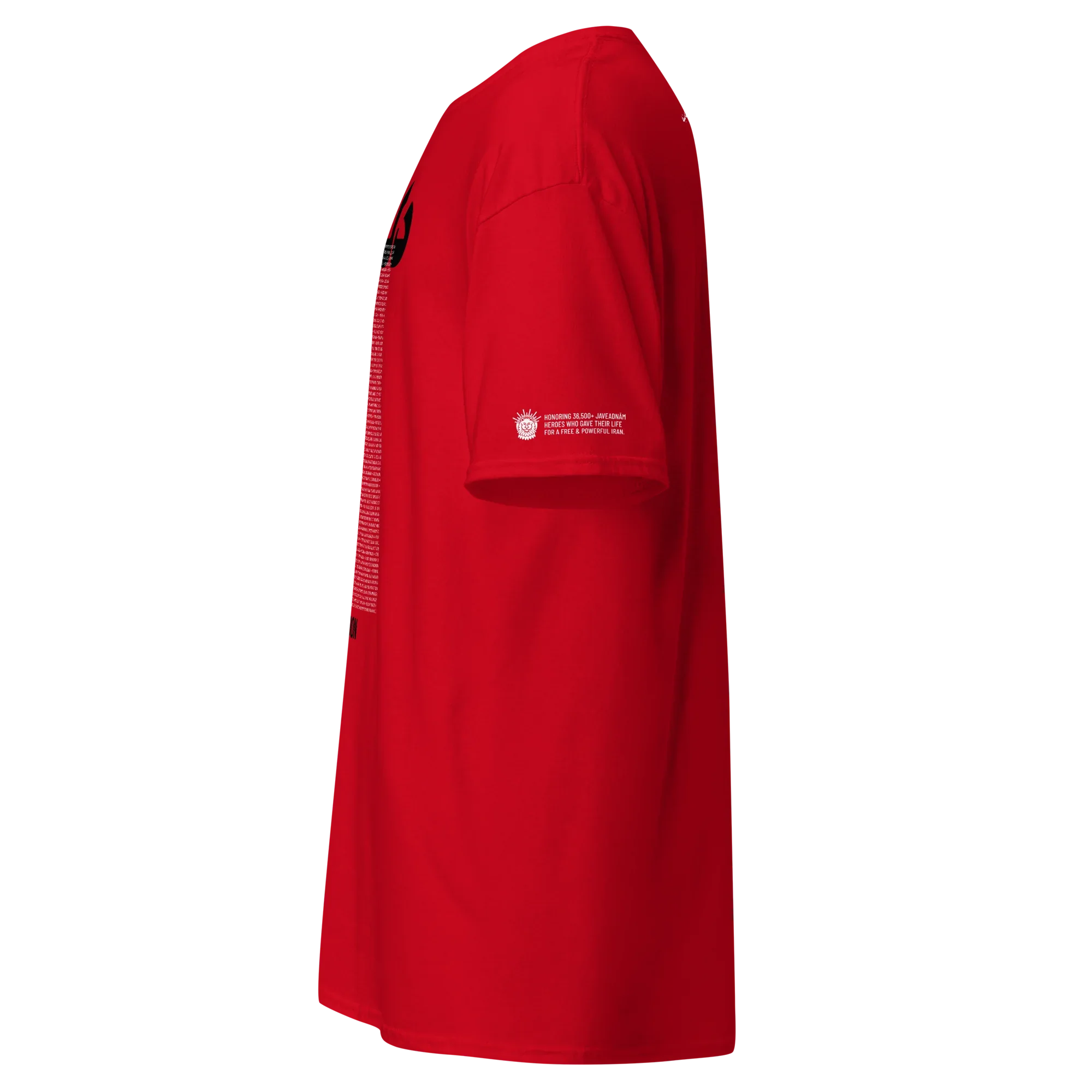 Red t-shirt with Persian heritage design, honoring heroes for freedom and resilience.