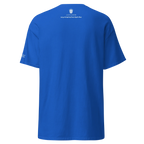 Royal blue t-shirt with white lion emblem and Persian text on back, modern streetwear design