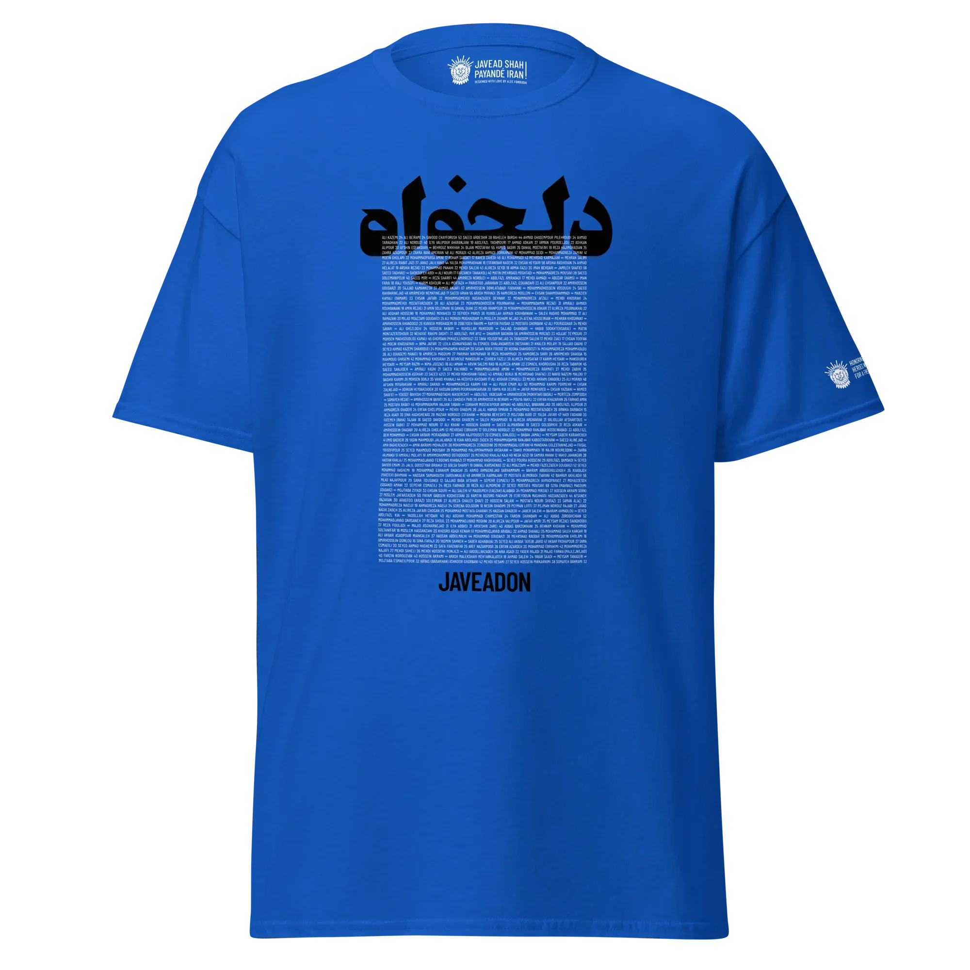 Blue Persian heritage t-shirt with 'Javeadon' and Lion & Sun design, honoring Iranian identity and freedom.
