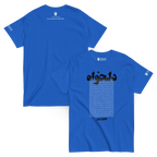 Blue Persian streetwear t-shirt with bold Farsi text, Lion & Sun emblem, and cultural typography design