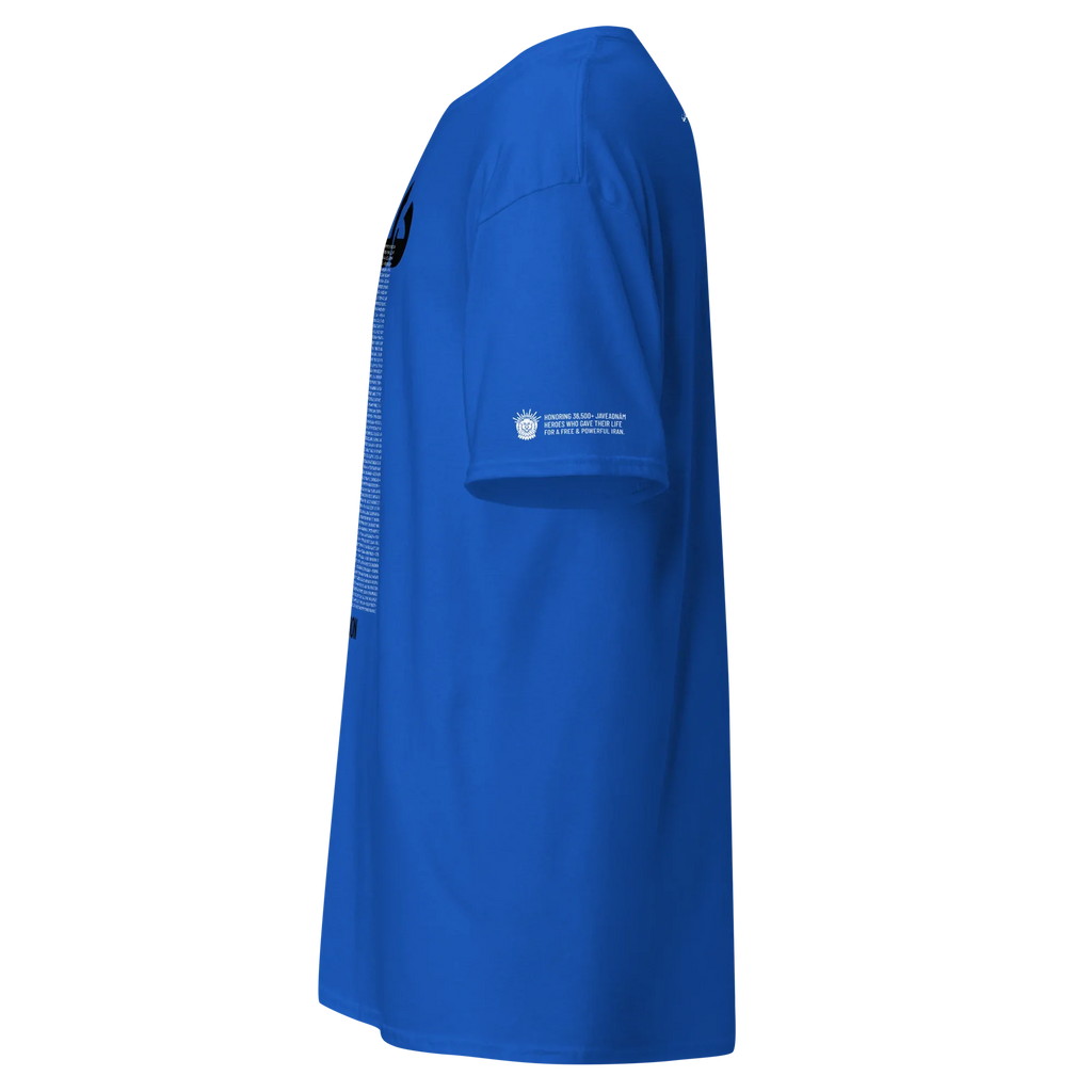 Blue t-shirt honoring Javeadnām heroes with lion emblem, Persian heritage streetwear design