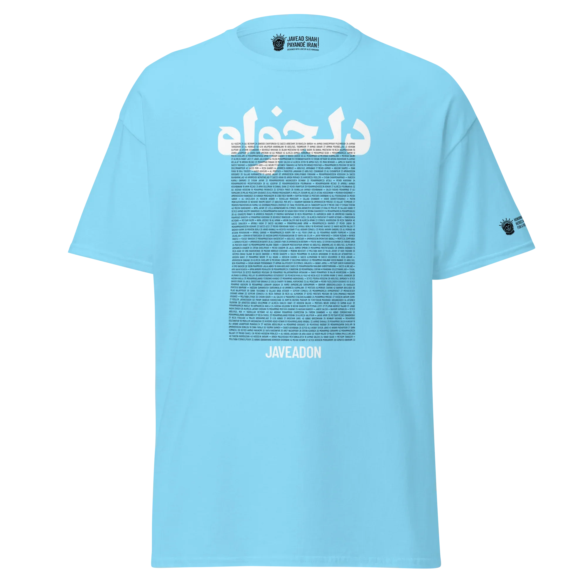 Light blue Persian-themed streetwear jersey with bold text and cultural symbols, inspired by Lion & Sun heritage.