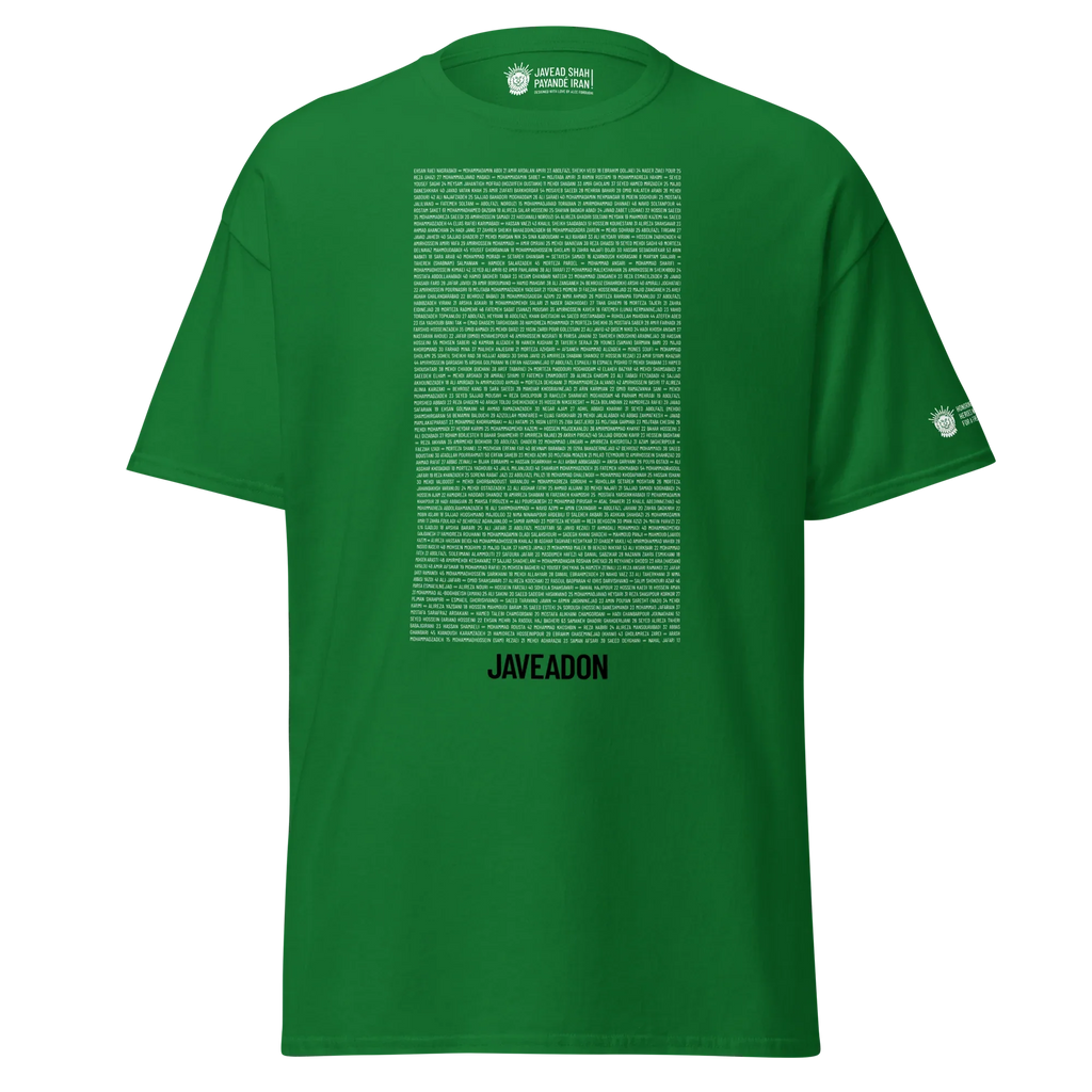 Green Persian-inspired streetwear jersey with text and Lion & Sun emblem, symbolizing heritage and resilience.