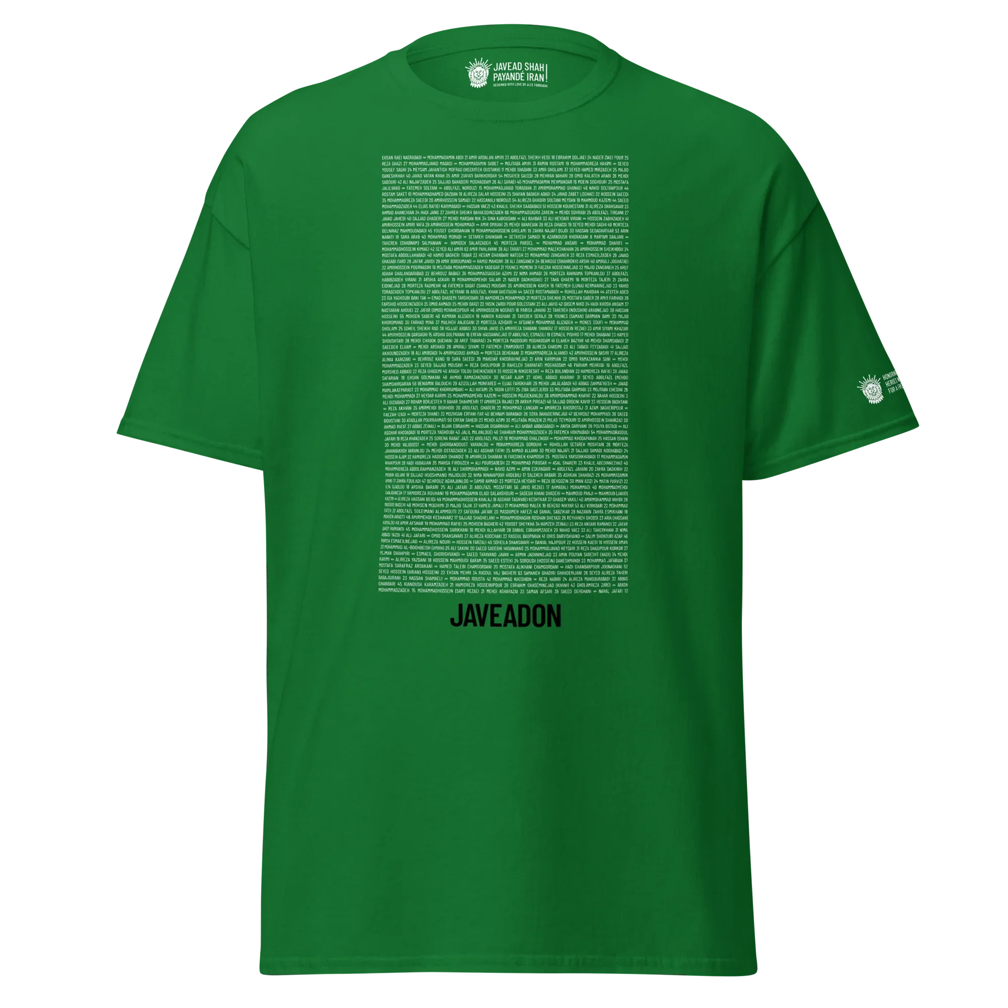 Green Persian-inspired streetwear jersey with text and Lion & Sun emblem, symbolizing heritage and resilience.