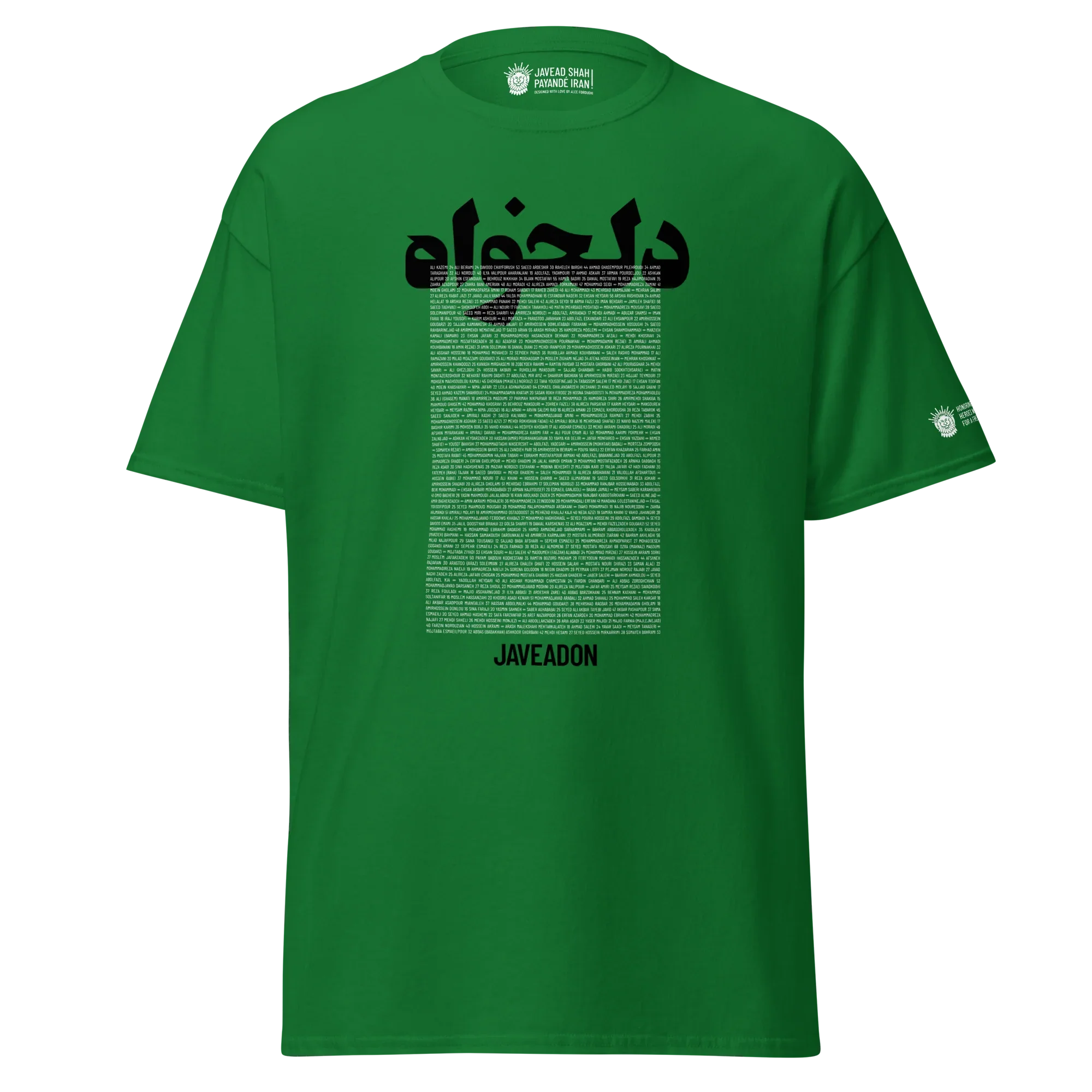 Green Javeadon t-shirt with Persian text and Lion & Sun emblem, modern streetwear design.